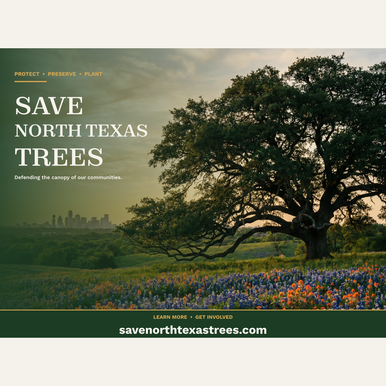 Save North Texas Trees yard sign featuring a Texas live oak, bluebonnets, and the Dallas skyline at golden hour