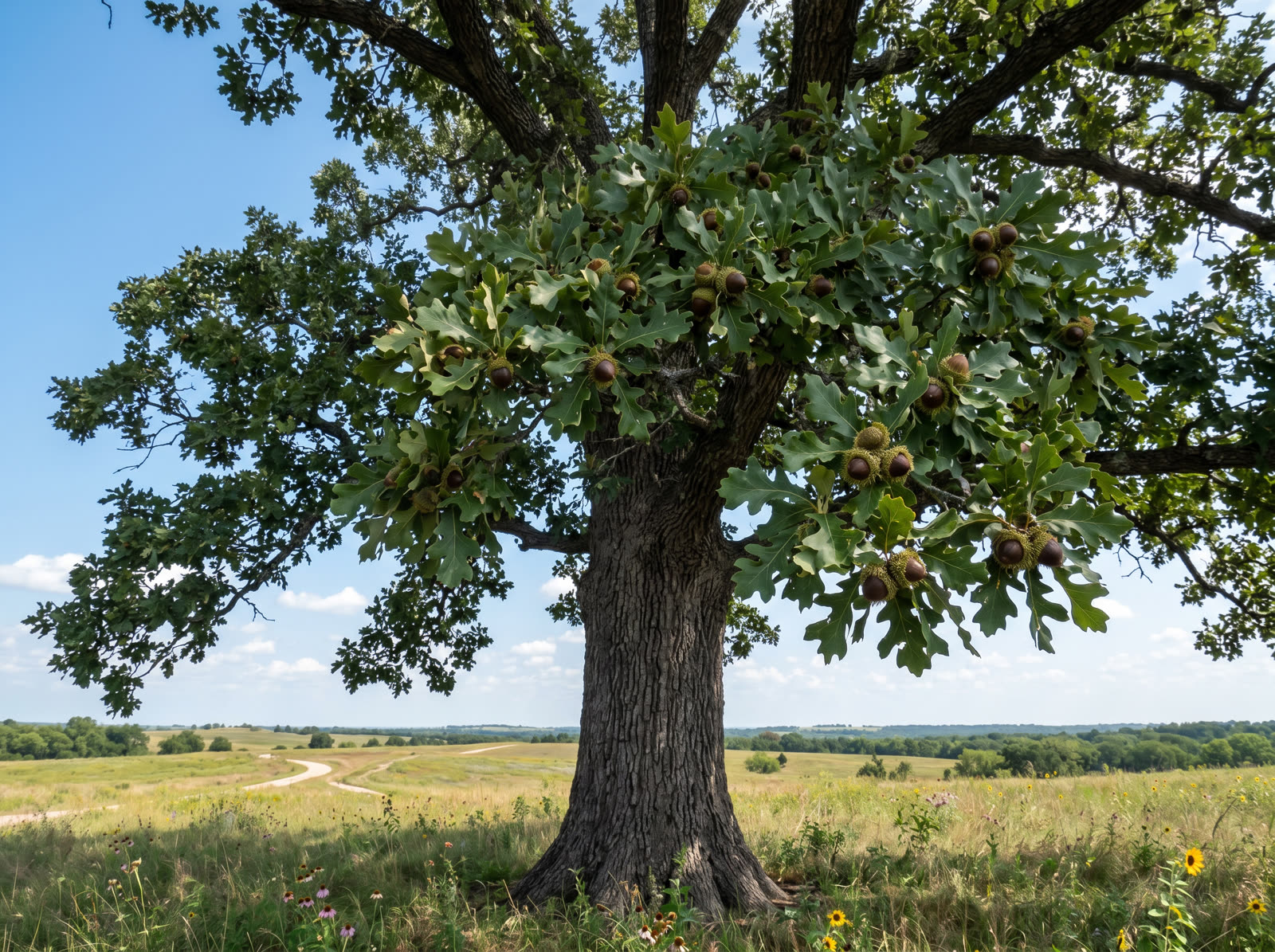 A large Bur Oak with massive lobed leaves and big fringed acorns standing in a Texas prairie