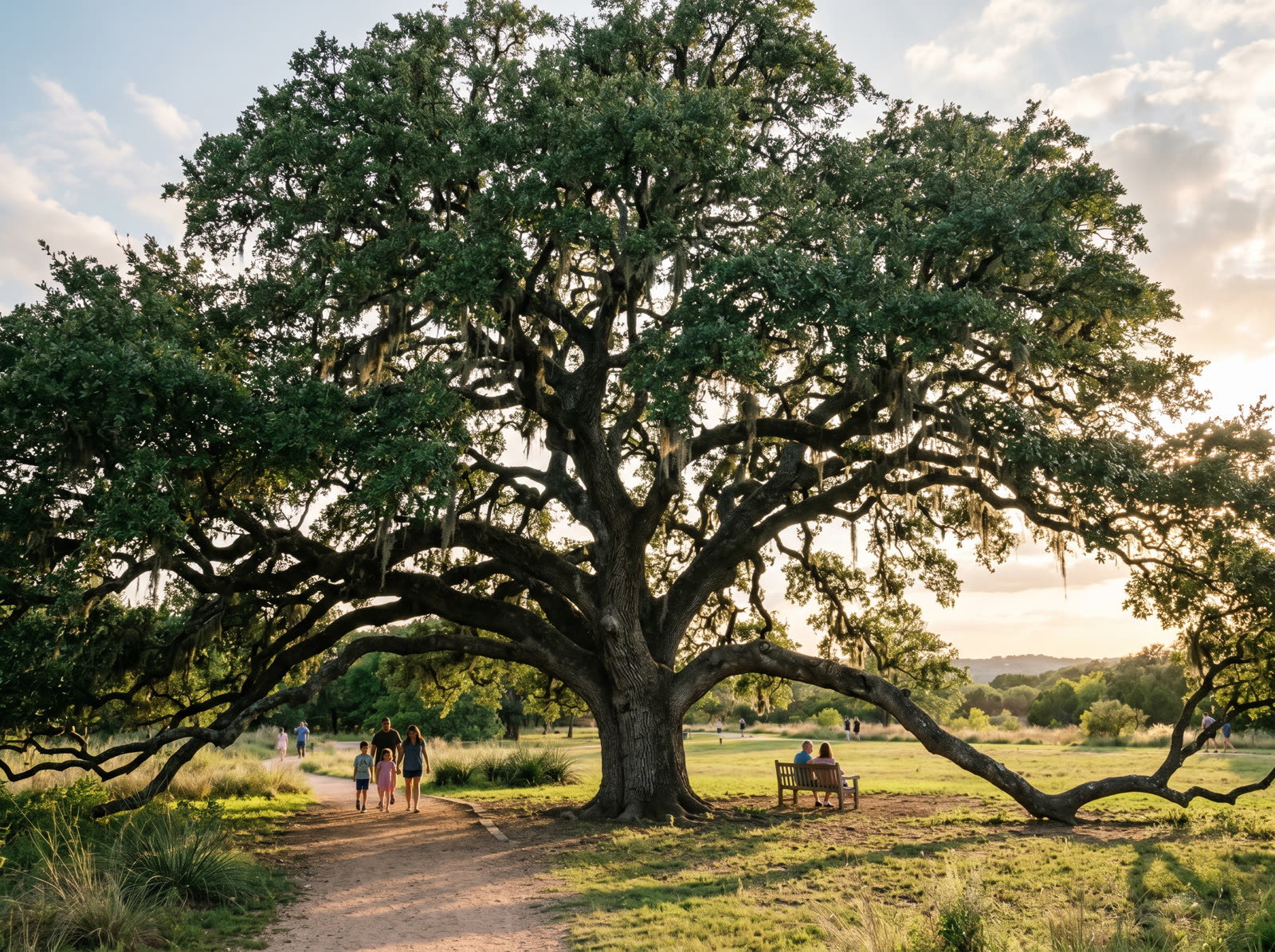 A massive Live Oak with sprawling horizontal branches creating a wide shade canopy over a Texas park