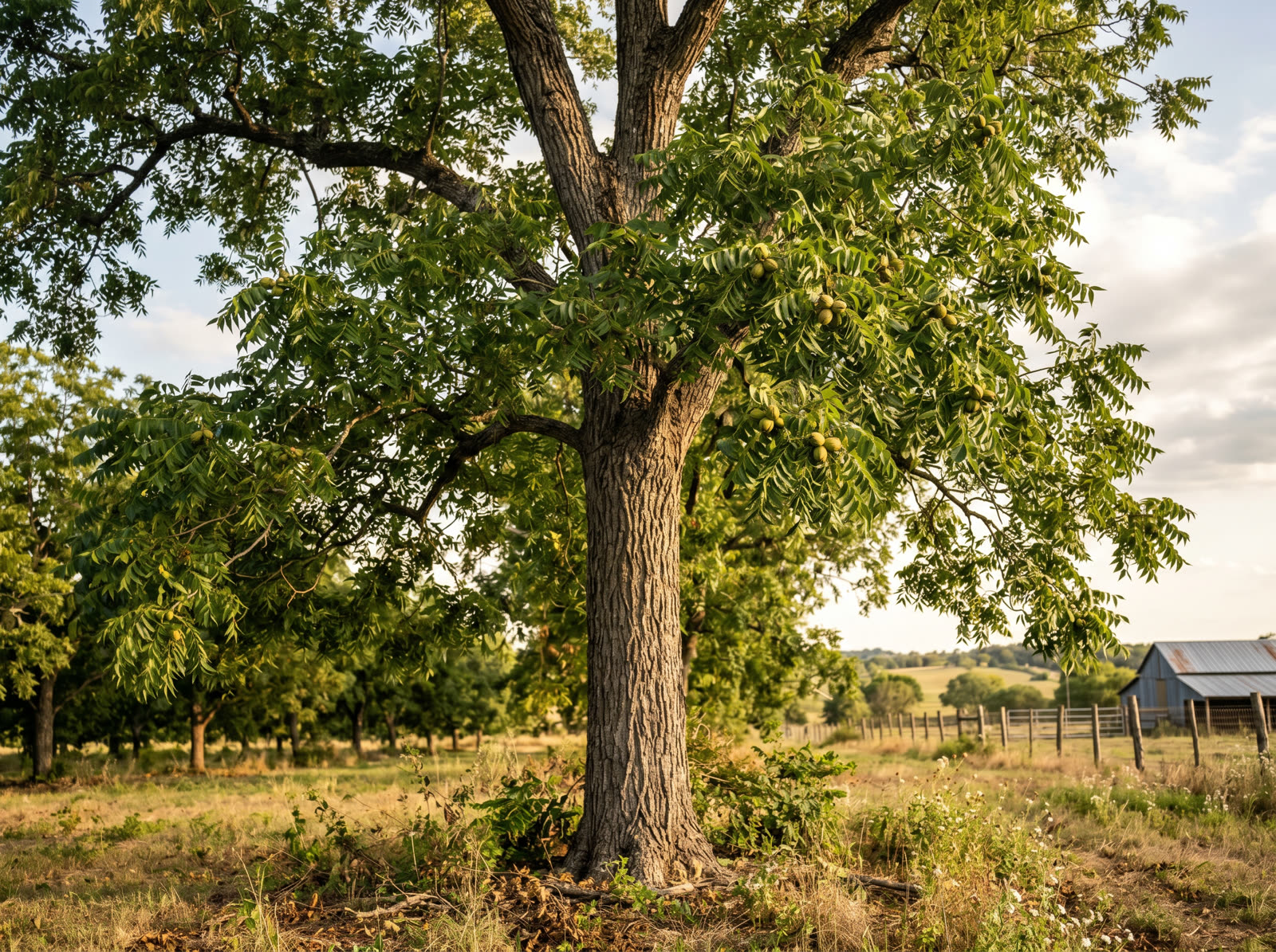 A mature Pecan tree with compound leaves and clusters of nuts in a Texas farm setting