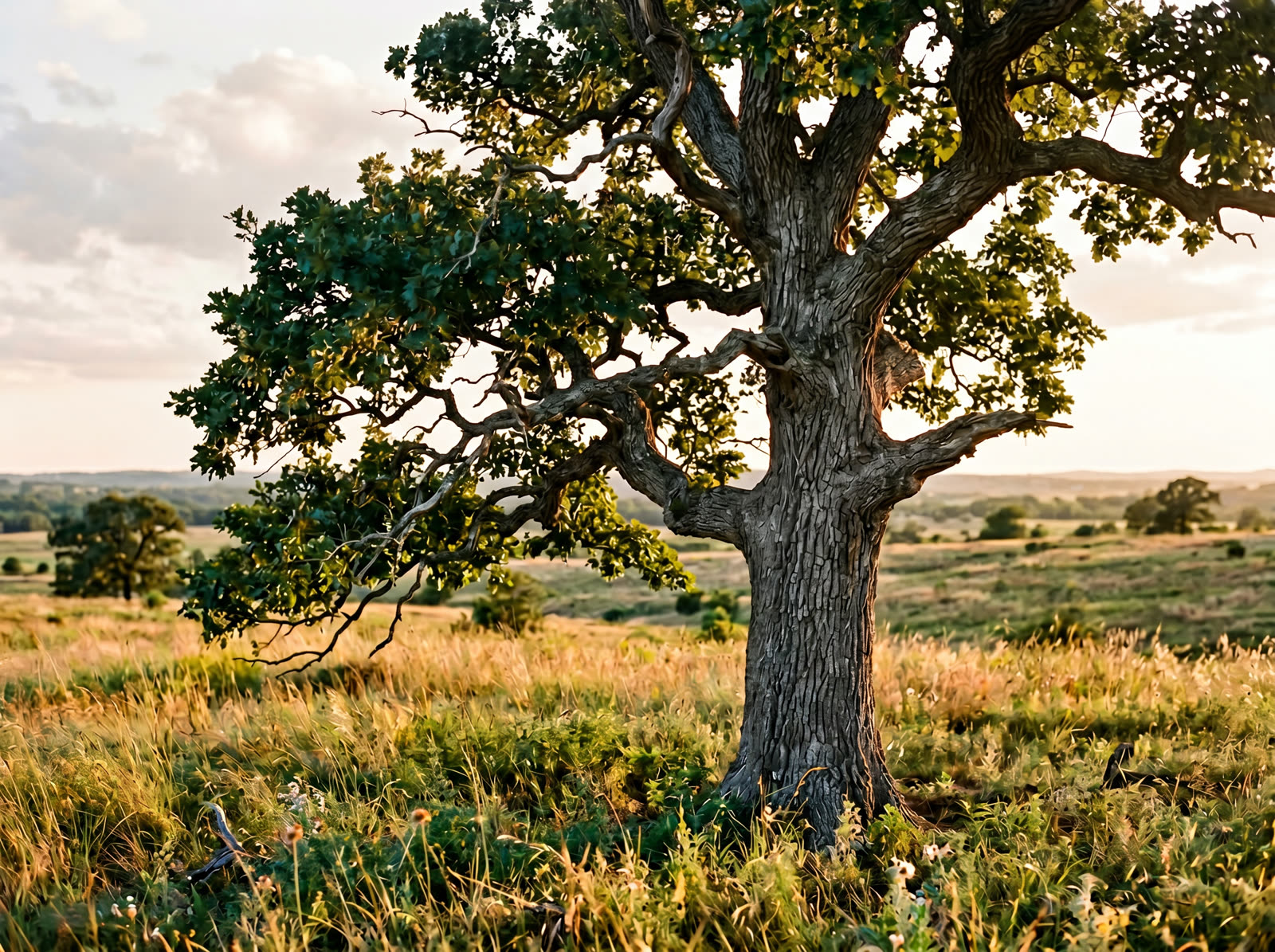 A mature Post Oak tree with deeply furrowed gray bark standing in a North Texas prairie at golden hour